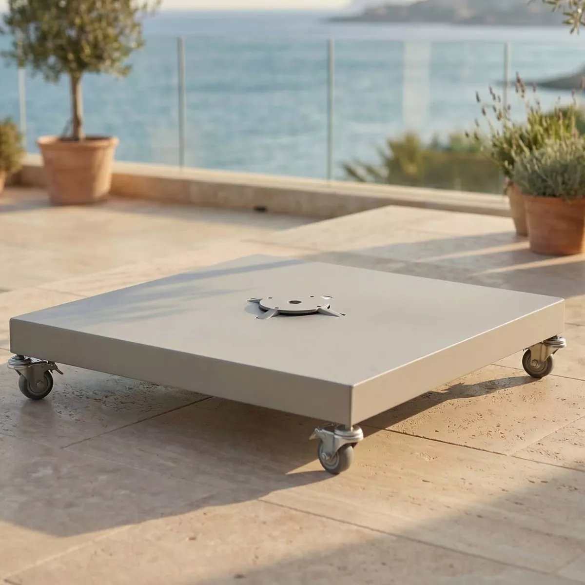Ombrellone decentrato quadrato in alluminio con base (3 x 3 m) Elyra effetto legno e Verde oliva