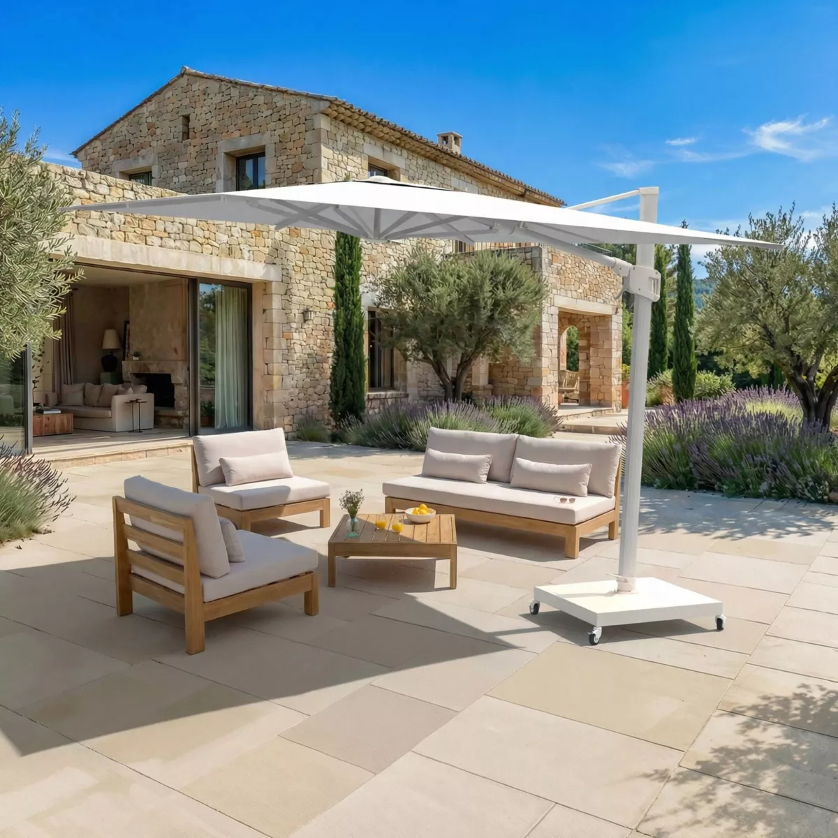 Parasol déporté carré aluminium avec socle (3 x 3 m) Elyra Blanc