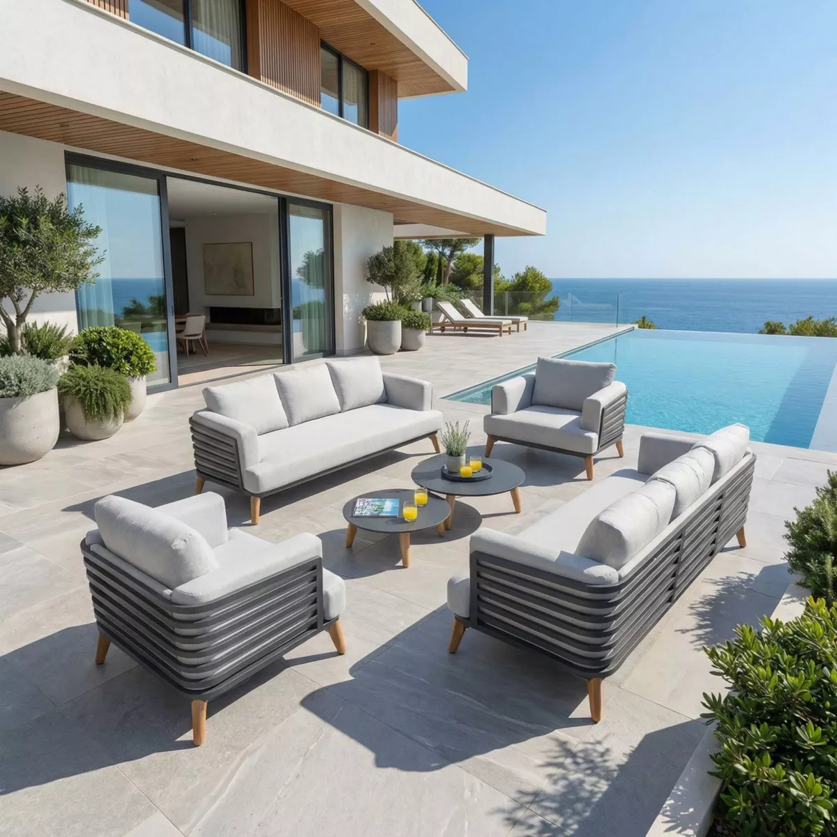 SALON DE JARDIN MONTE-CARLO 8 PLACES STRUCTURE ANTHRACITE ET COUSSINS GRIS NUAGE