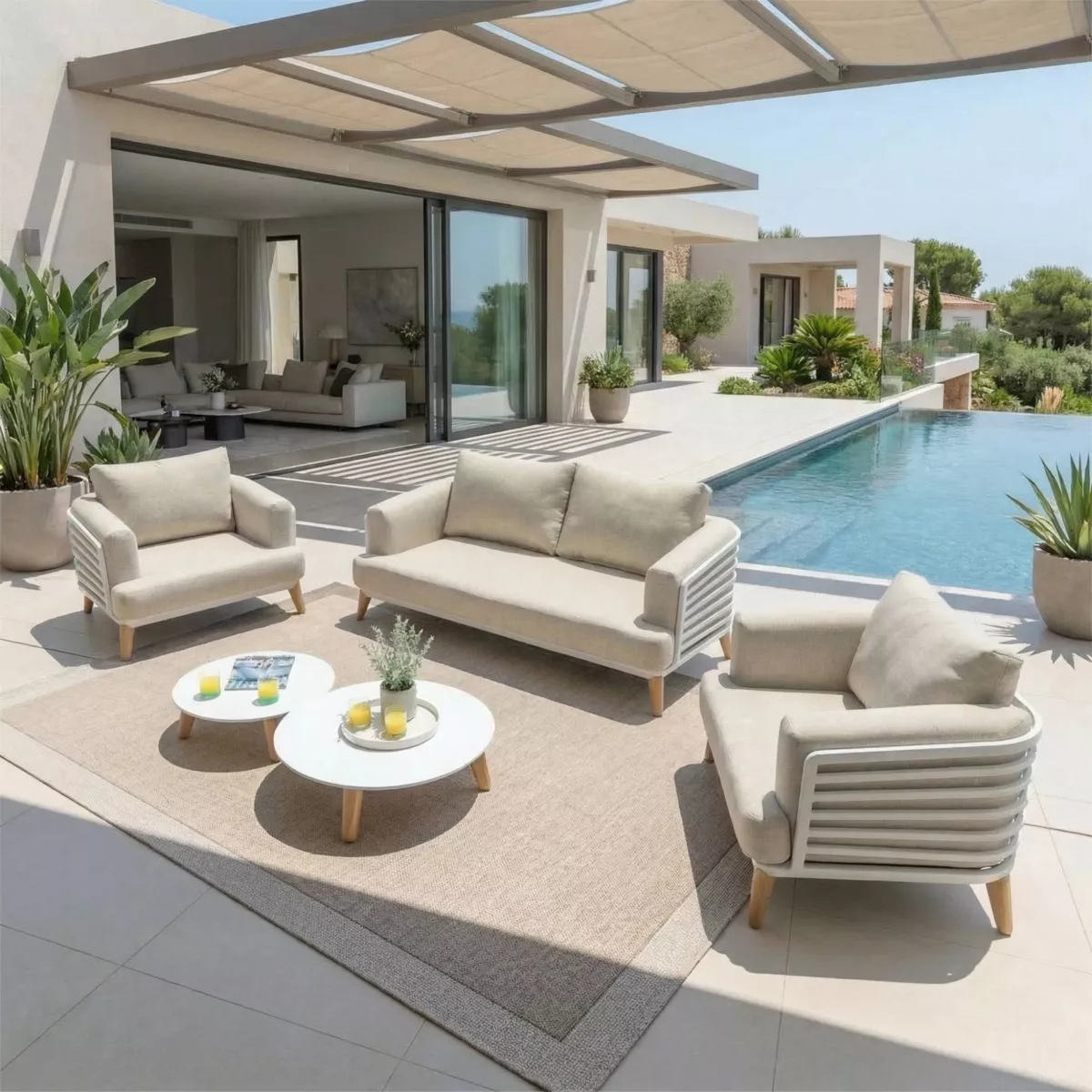 SALON DE JARDIN MONTE-CARLO 4 PLACES STRUCTURE BLANC ET COUSSINS SABLE