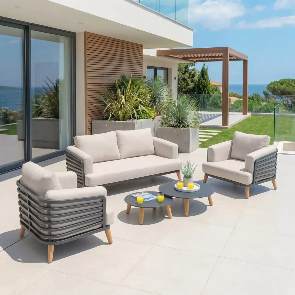 SALON DE JARDIN MONTE-CARLO 4 PLACES STRUCTURE ANTHRACITE ET COUSSINS SABLE