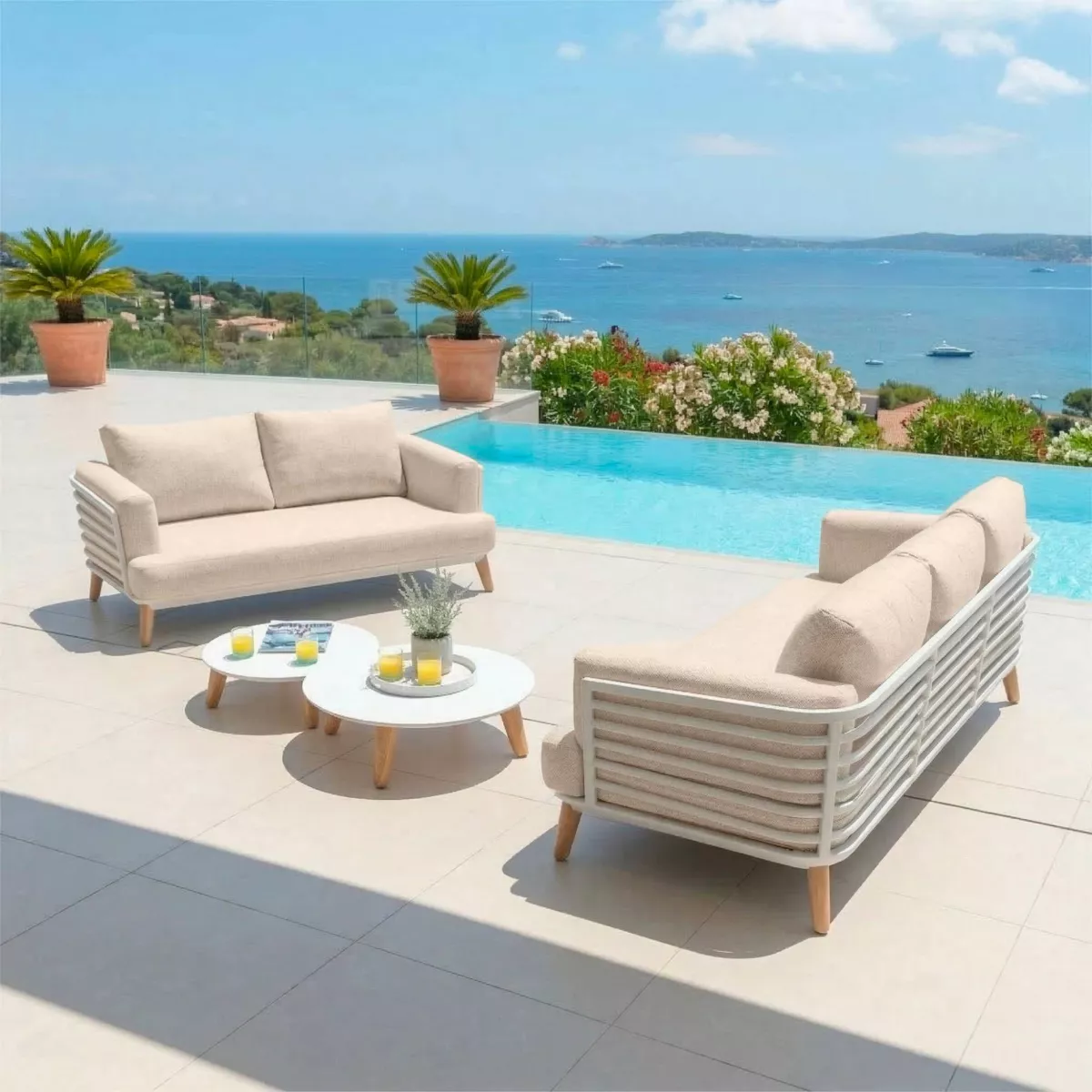 Salotto da giardino alluminio 5 posti 4 pezzi Monte Carlo Bianco e beige