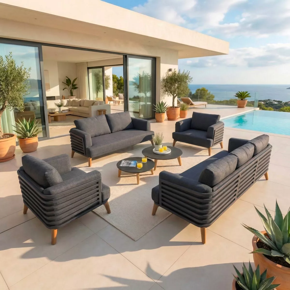 SALON DE JARDIN MONTE-CARLO 7 PLACES STRUCTURE ANTHRACITE ET COUSSINS ANTHRACITE