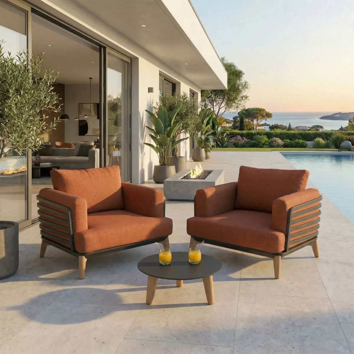 Salon de jardin aluminium 2 places 3 pcs Monte Carlo Gris anthracite et terracotta