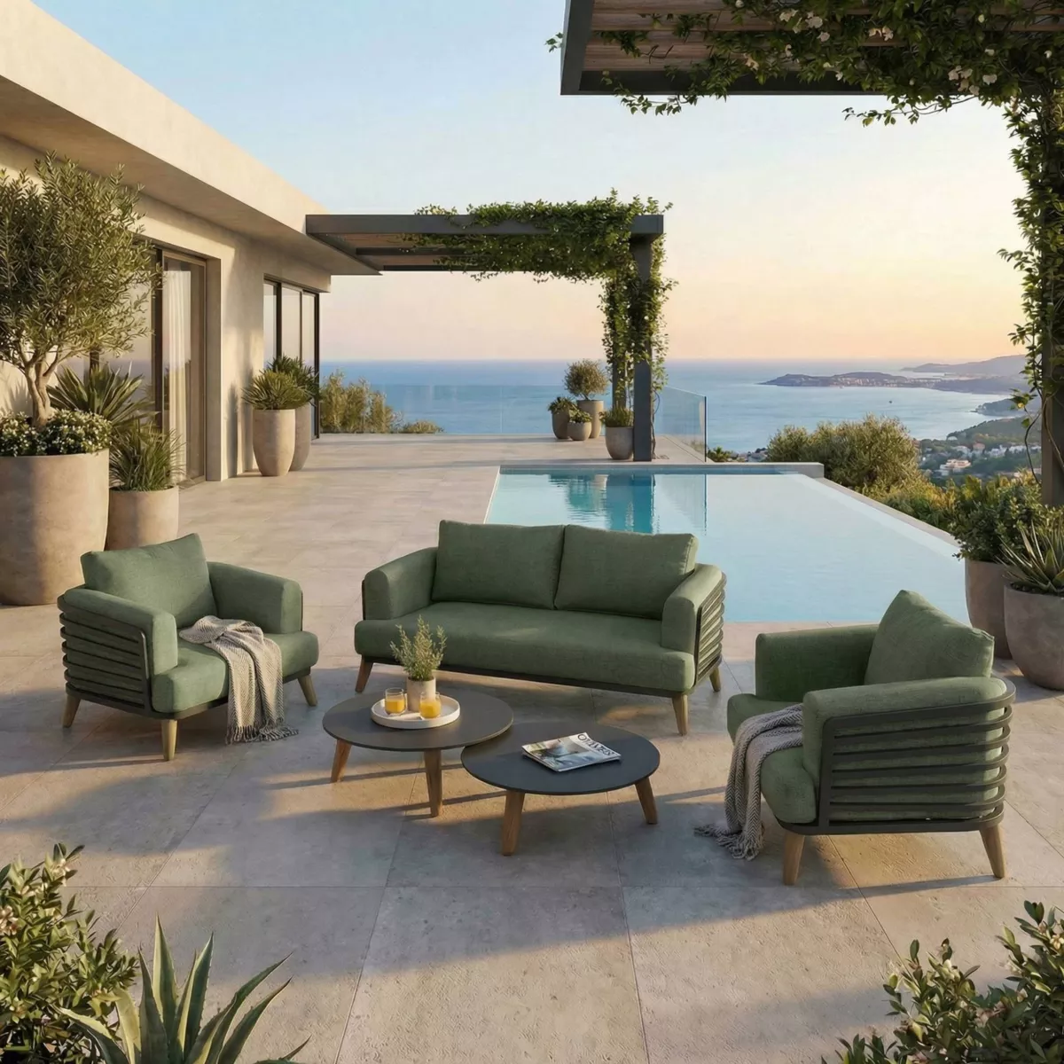 Salon de jardin aluminium 4 places 5 pcs Monte Carlo Gris anthracite et vert romarin