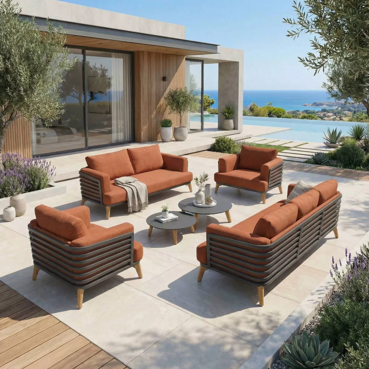 Salon de jardin aluminium 7 places 6 pcs Monte Carlo Gris anthracite et terracotta