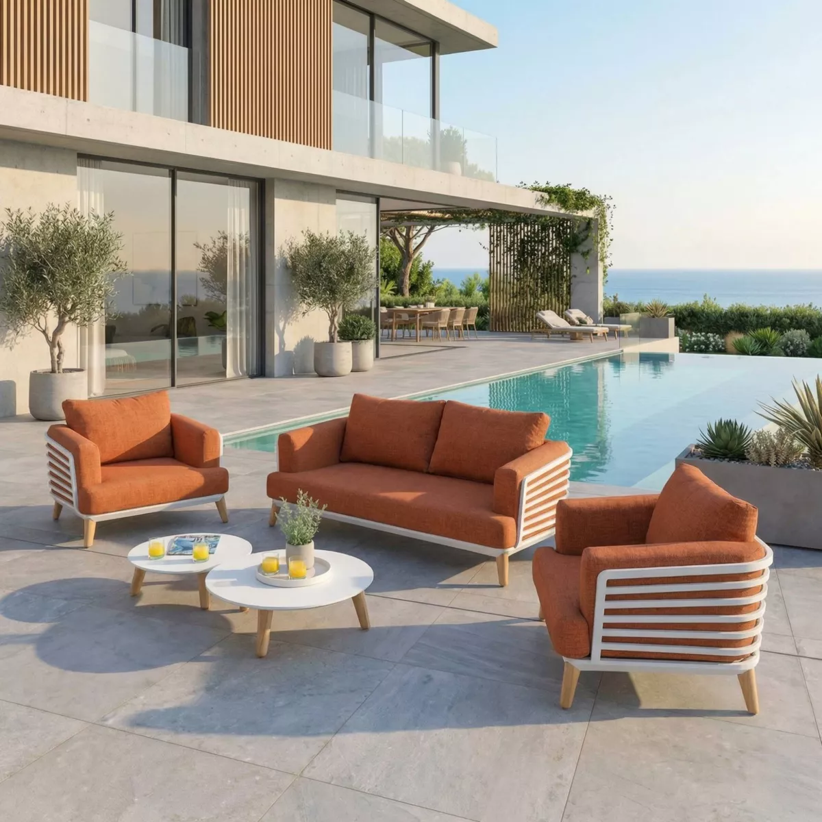 Salon de jardin aluminium 4 places 5 pcs Monte Carlo Blanc et terracotta