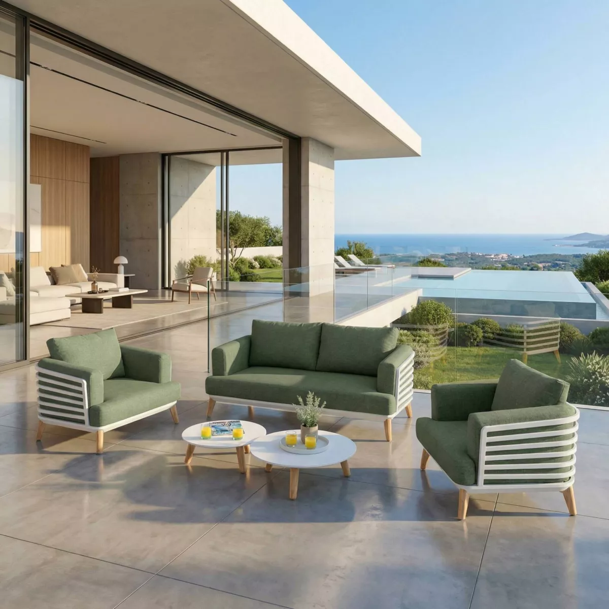 Salon de jardin aluminium 4 places 5 pcs Monte Carlo Blanc et vert romarin
