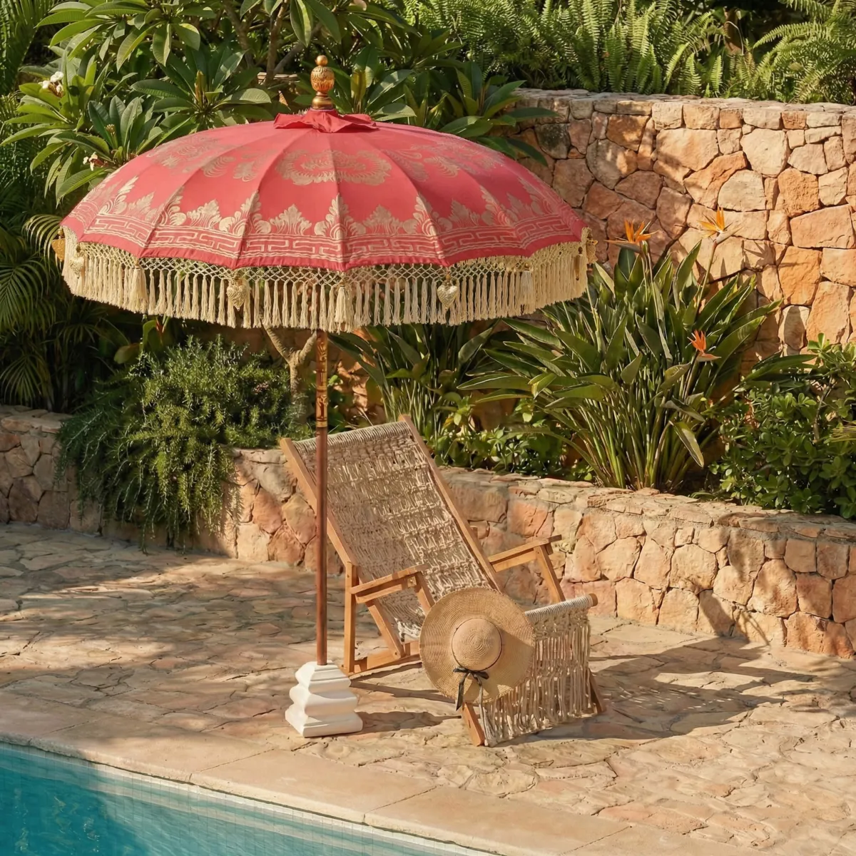 Runder Garten-Sonnenschirm mit Fransen (D2 m) Jaipur Rot und Goldverzierung