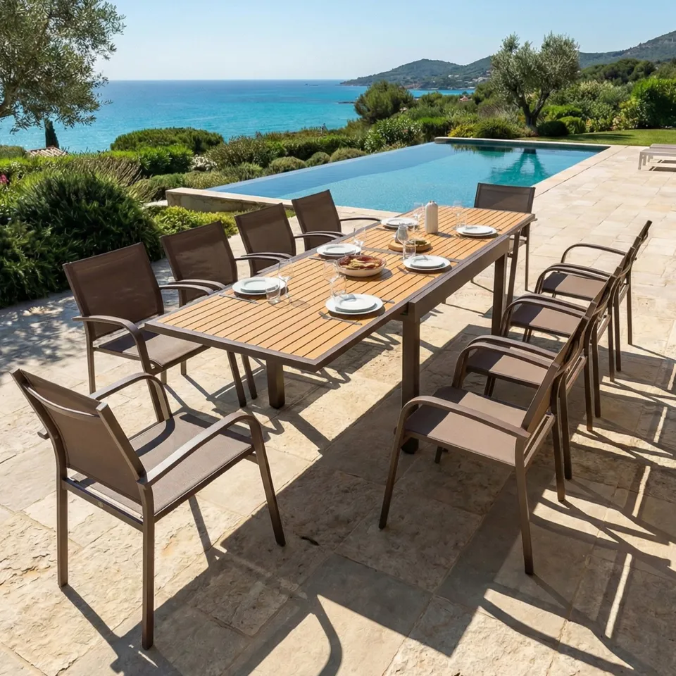 Table de jardin extensible en aluminium 12 places (200/320 x 100 cm) Murano Bronze et effet bois