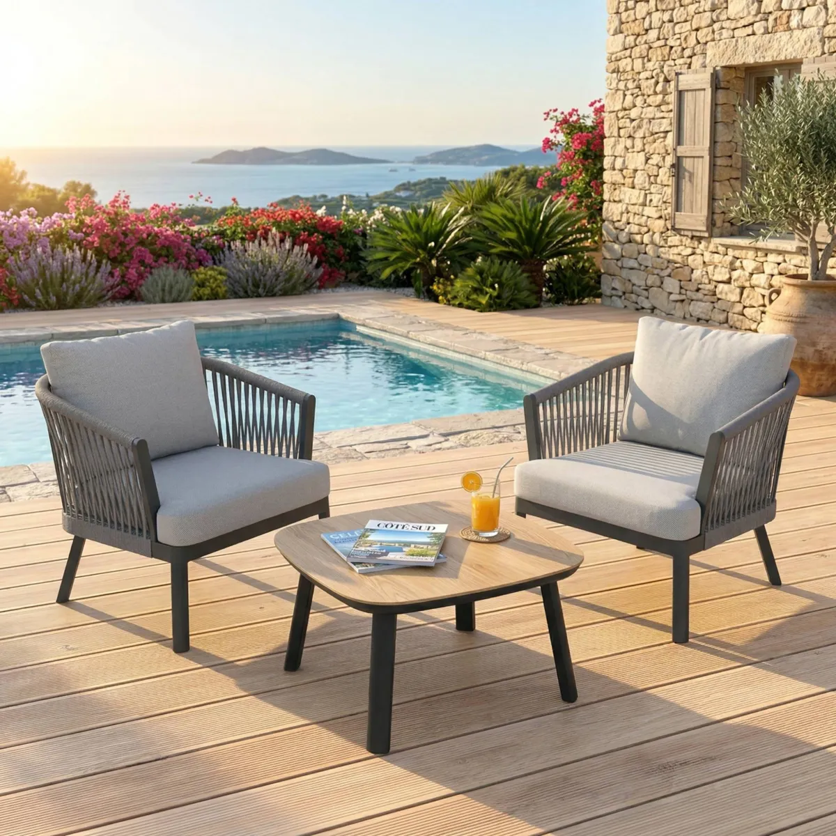 Conjunto de jardín en aluminio 2 plazas 3 piezas Amalfi Gris antracita y gris claro