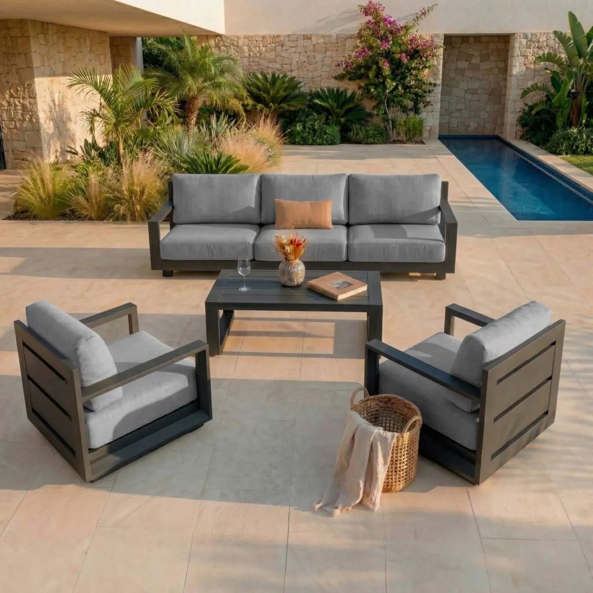 Salon de jardin aluminium 5 places 4 pcs Elba Gris anthracite