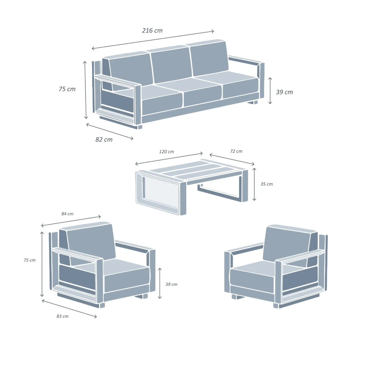 Salon de jardin aluminium 5 places 4 pcs Elba Blanc et gris clair