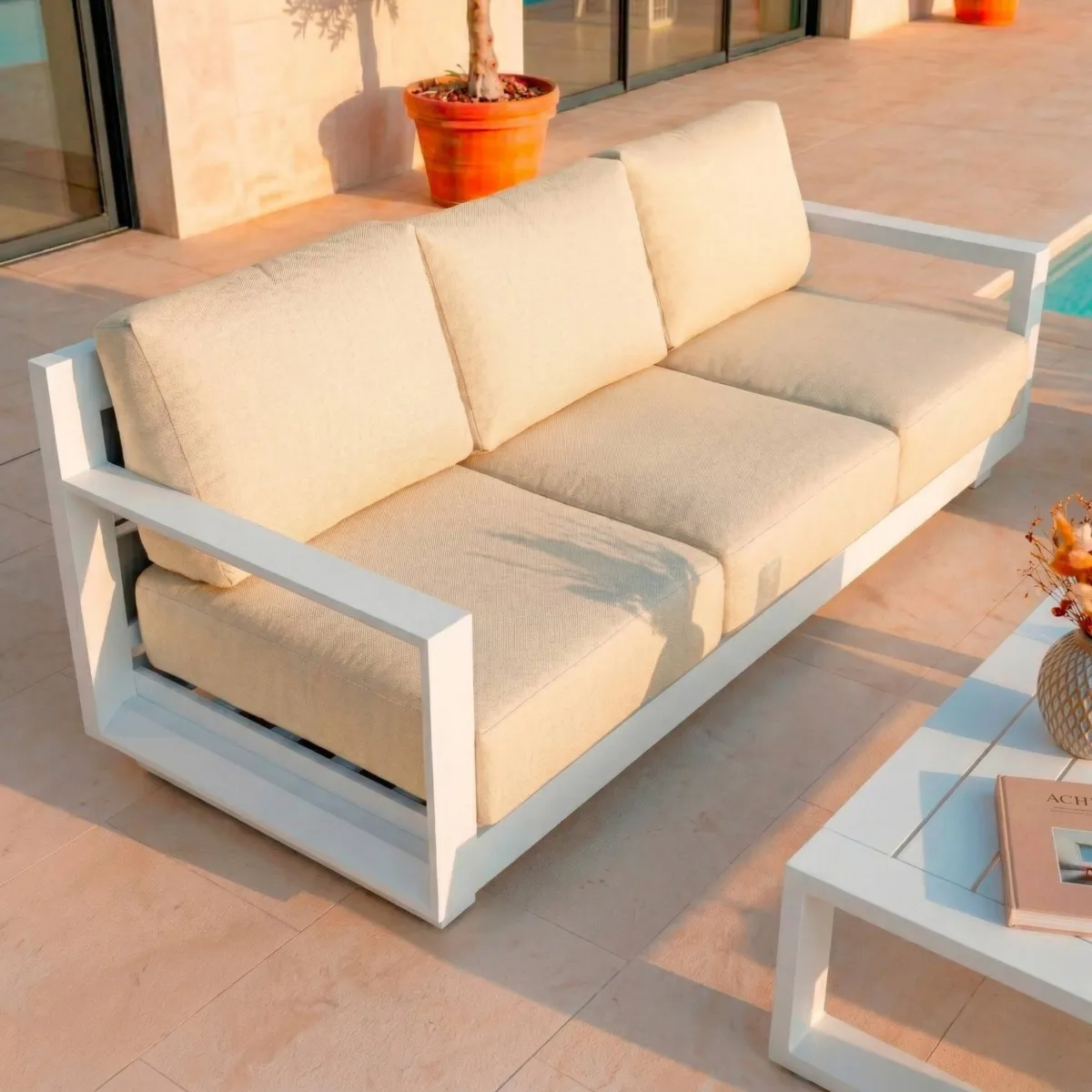 Salotto da giardino alluminio 7 posti 5 pezzi Elba Bianco e beige