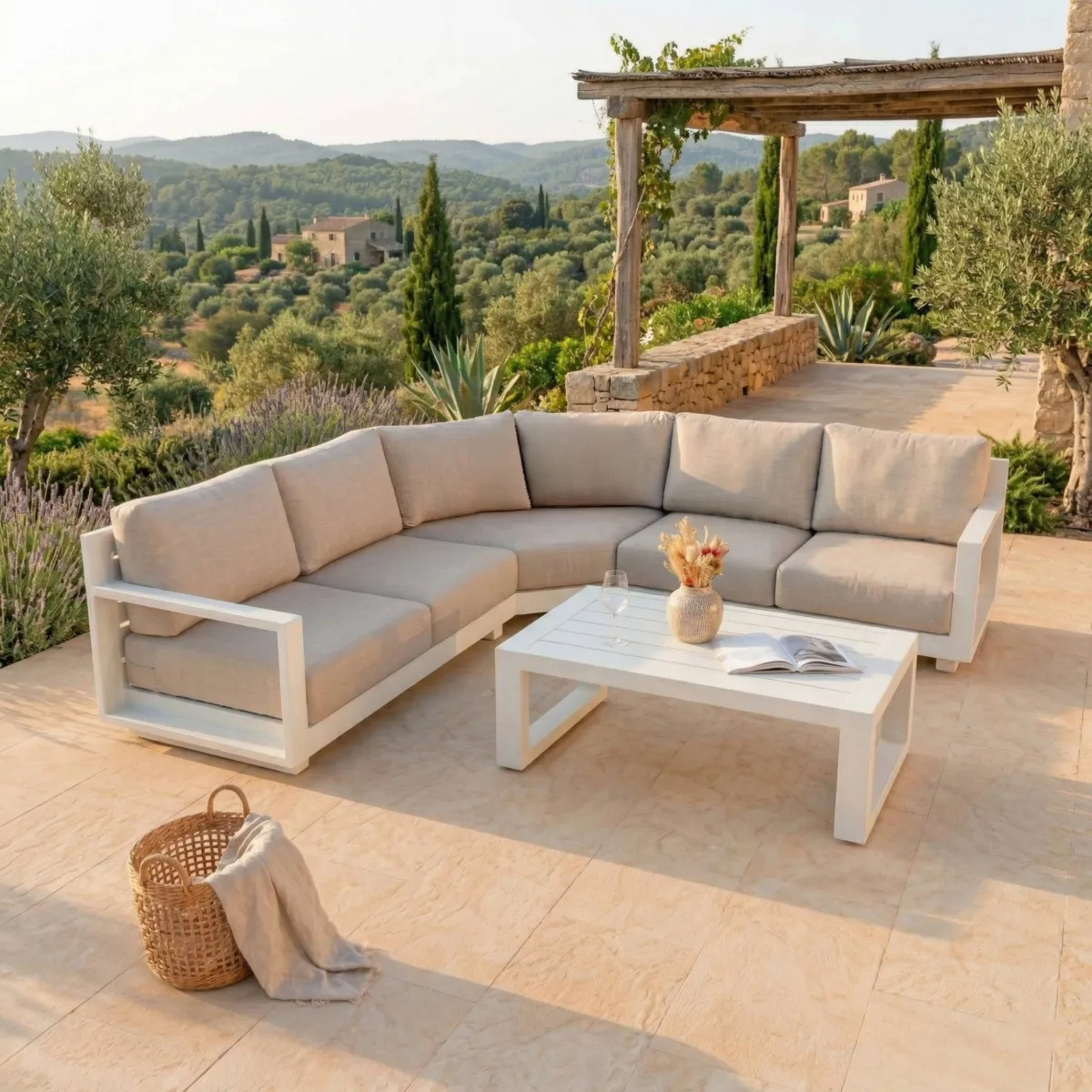 Salon de jardin d'angle aluminium 5 places Elba Blanc et taupe