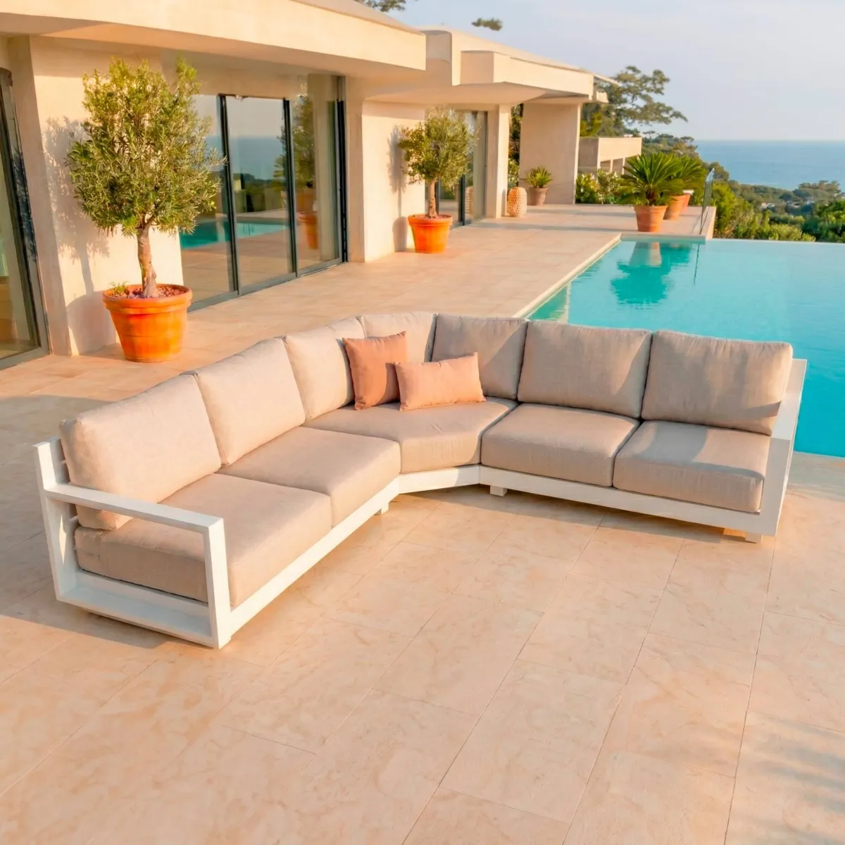 Salon de jardin d'angle aluminium 10 places Elba Blanc et taupe