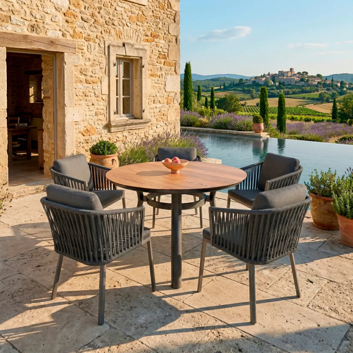 Table de jardin ronde en aluminium 6 places (D120 cm) Amalfi Gris anthracite et bois