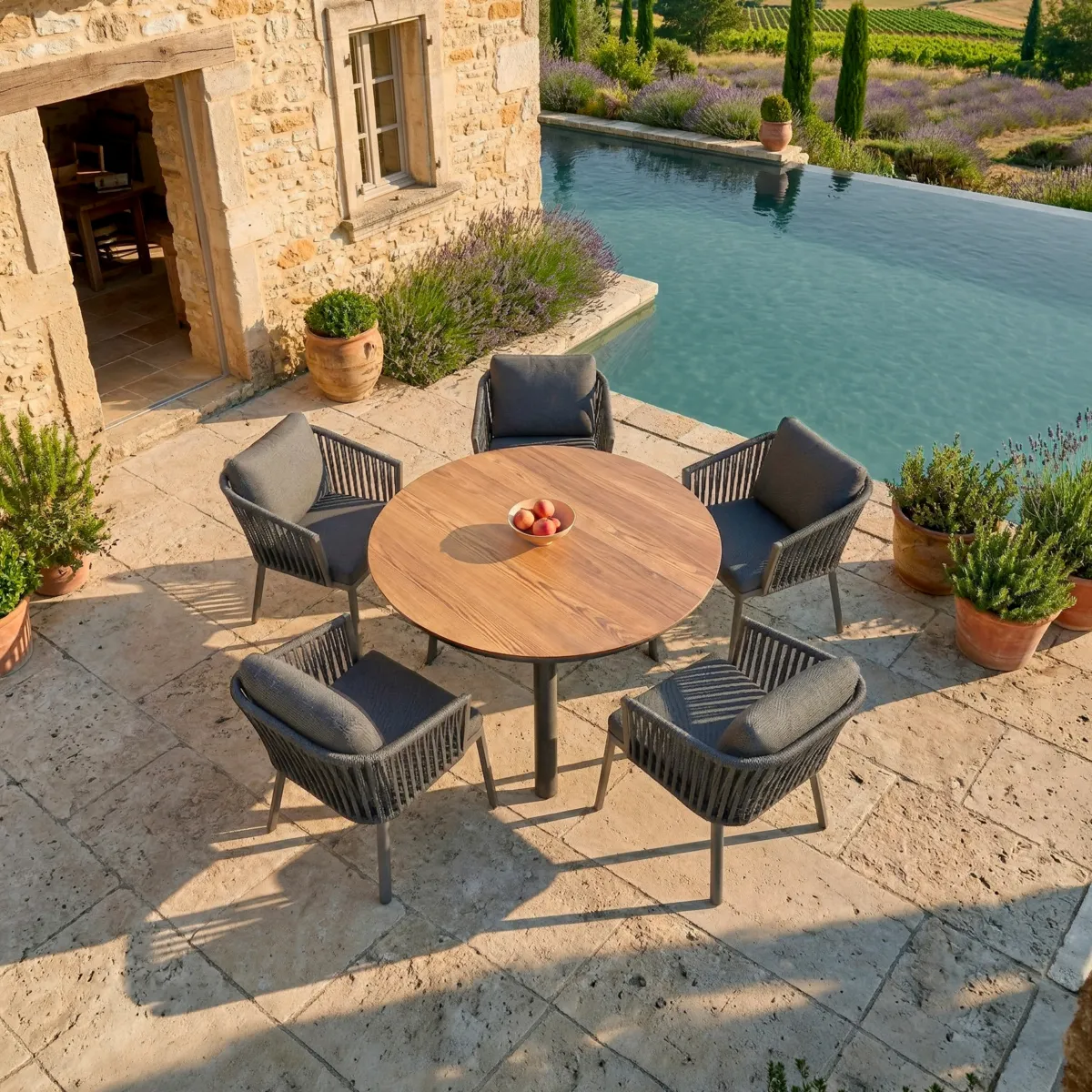 Table de jardin ronde en aluminium 6 places (D120 cm) Amalfi Gris anthracite et bois