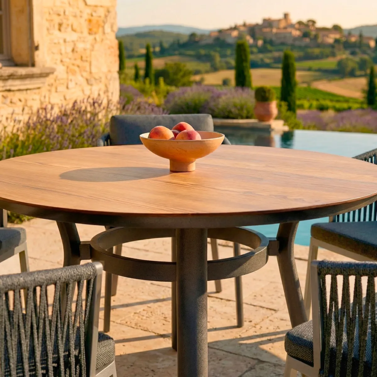 Table de jardin ronde en aluminium 6 places (D120 cm) Amalfi Gris anthracite et bois