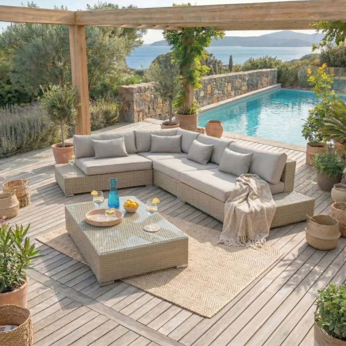 Salotto da giardino angolare in resina intrecciata 5 posti Palma Grigio e tortora