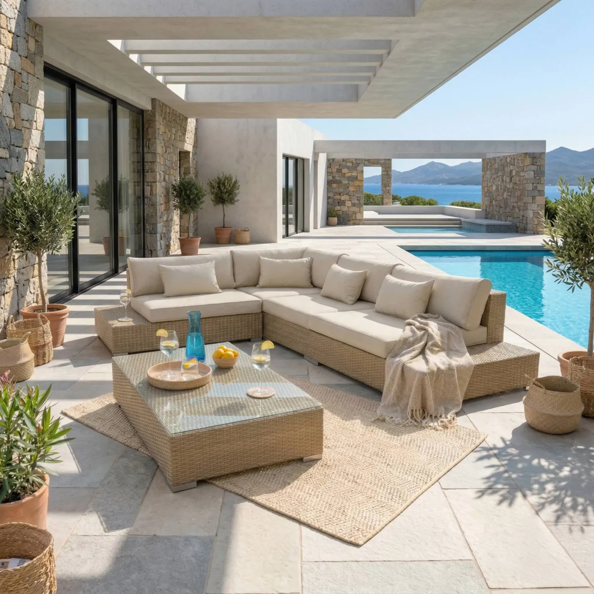 Salon de jardin d'angle en résine tressée 5 places Palma Gris et beige