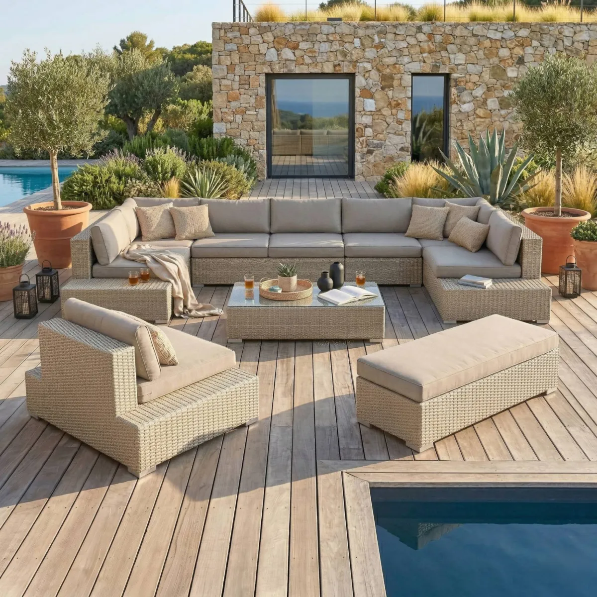 Salon de jardin en résine tressée 9 places 9 pcs Palma Gris et taupe
