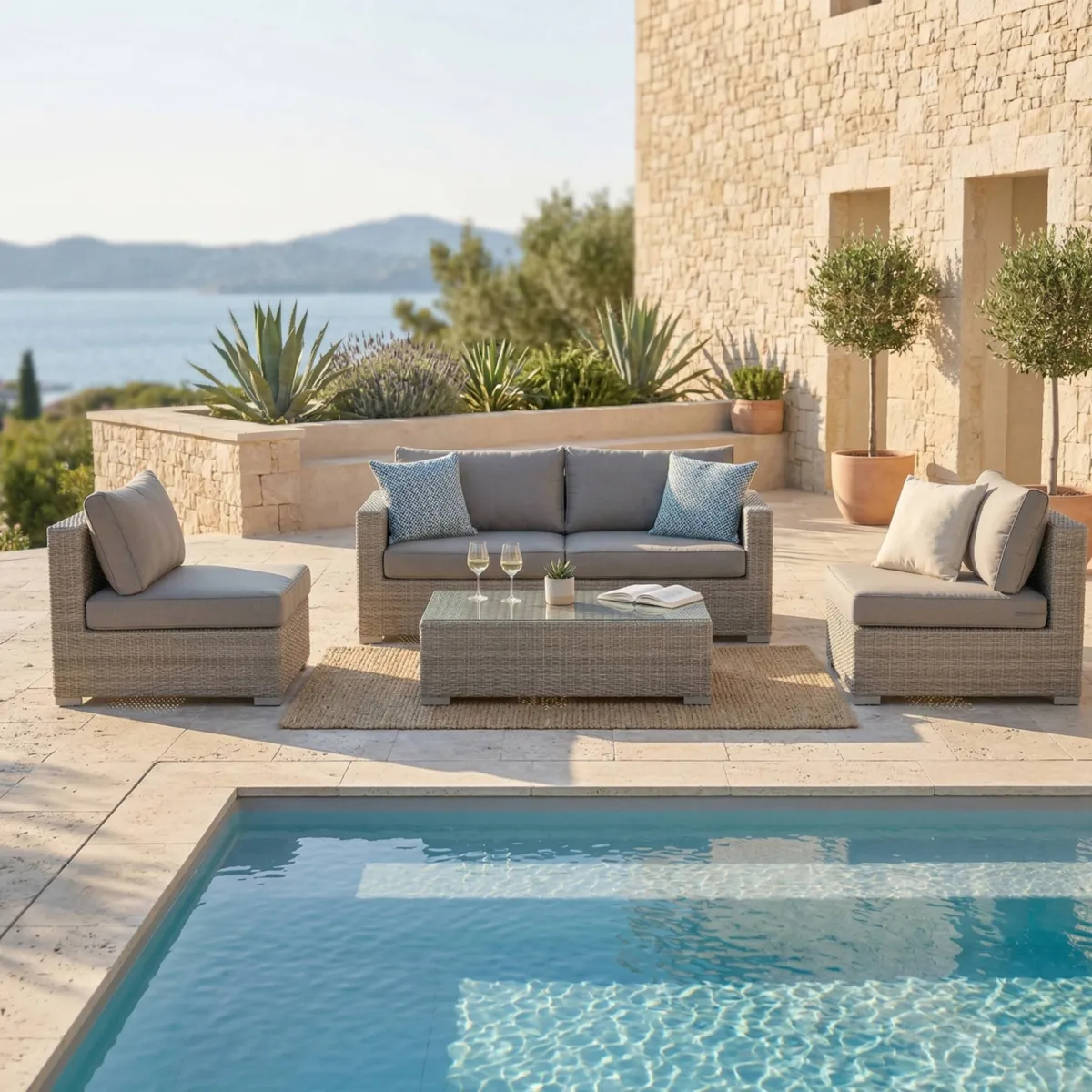 Salotto da giardino in resina intrecciata 4 posti 4 pezzi Palma Grigio e antracite