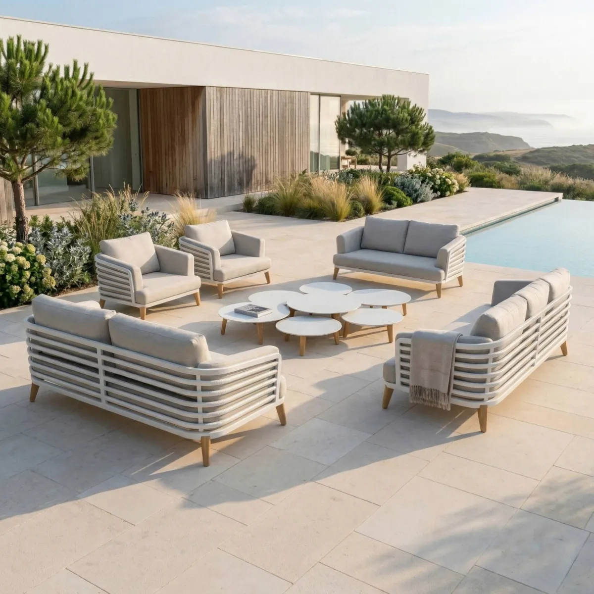 SALON DE JARDIN MONTE-CARLO 9 PLACES STRUCTURE BLANC ET COUSSINS SABLE