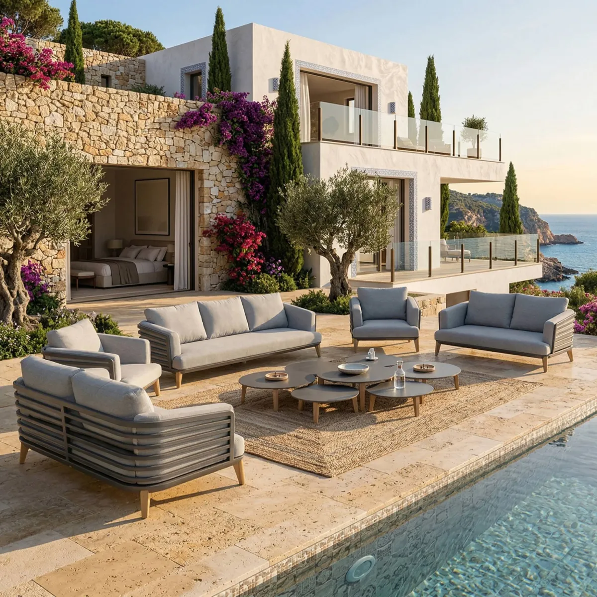 SALON DE JARDIN MONTE-CARLO 9 PLACES STRUCTURE ANTHRACITE ET COUSSINS GRIS NUAGE
