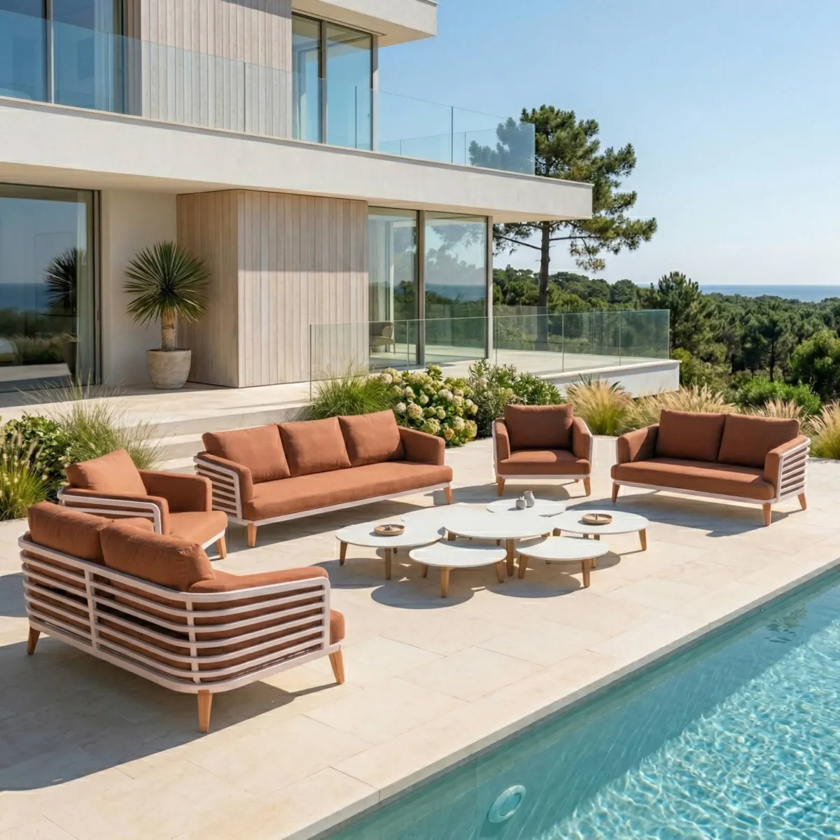 Salon de jardin aluminium 9 places 12 pcs Monte Carlo Blanc et terracotta