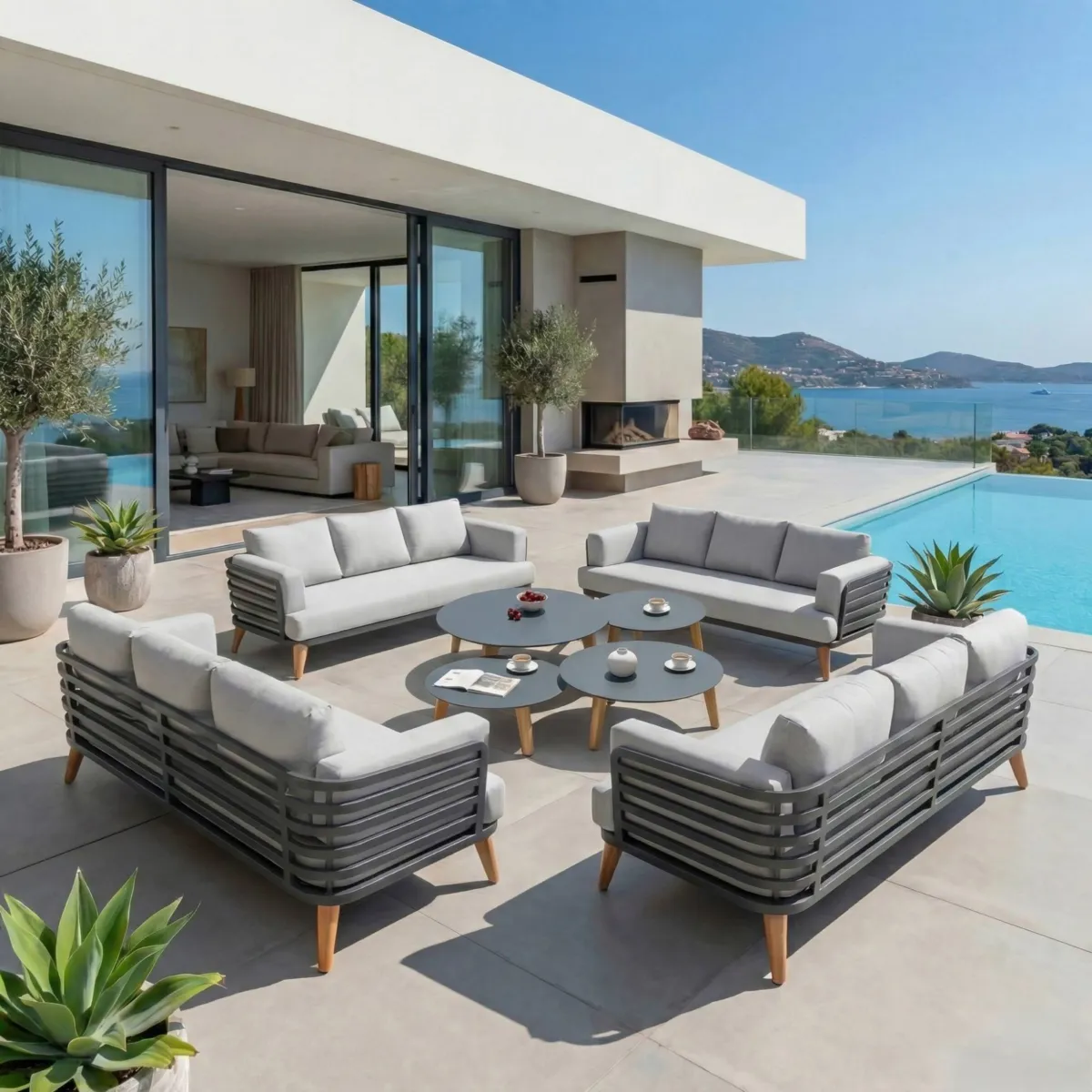 SALON DE JARDIN MONTE-CARLO 12 PLACES STRUCTURE ANTHRACITE ET COUSSINS GRIS NUAGE