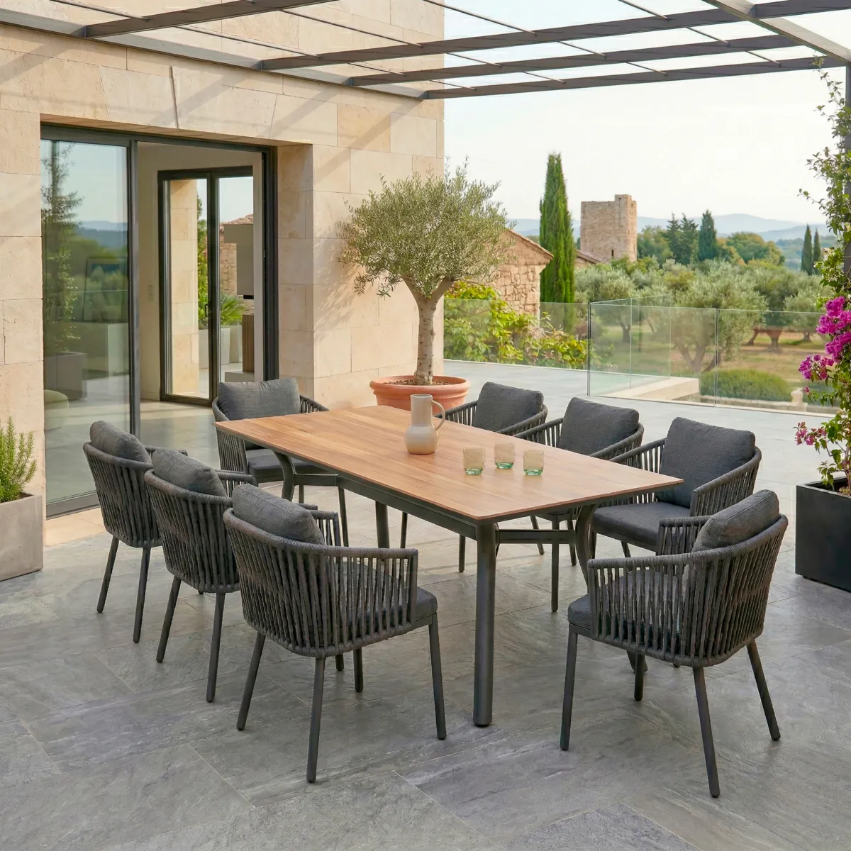 Table de jardin en aluminium 8 places (200 x 90 cm) Amalfi Gris anthracite et bois