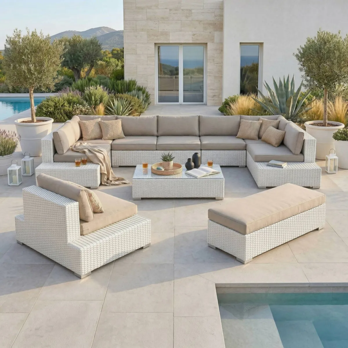 Salotto da giardino in resina intrecciata 9 posti 9 pezzi Palma Bianco e tortora