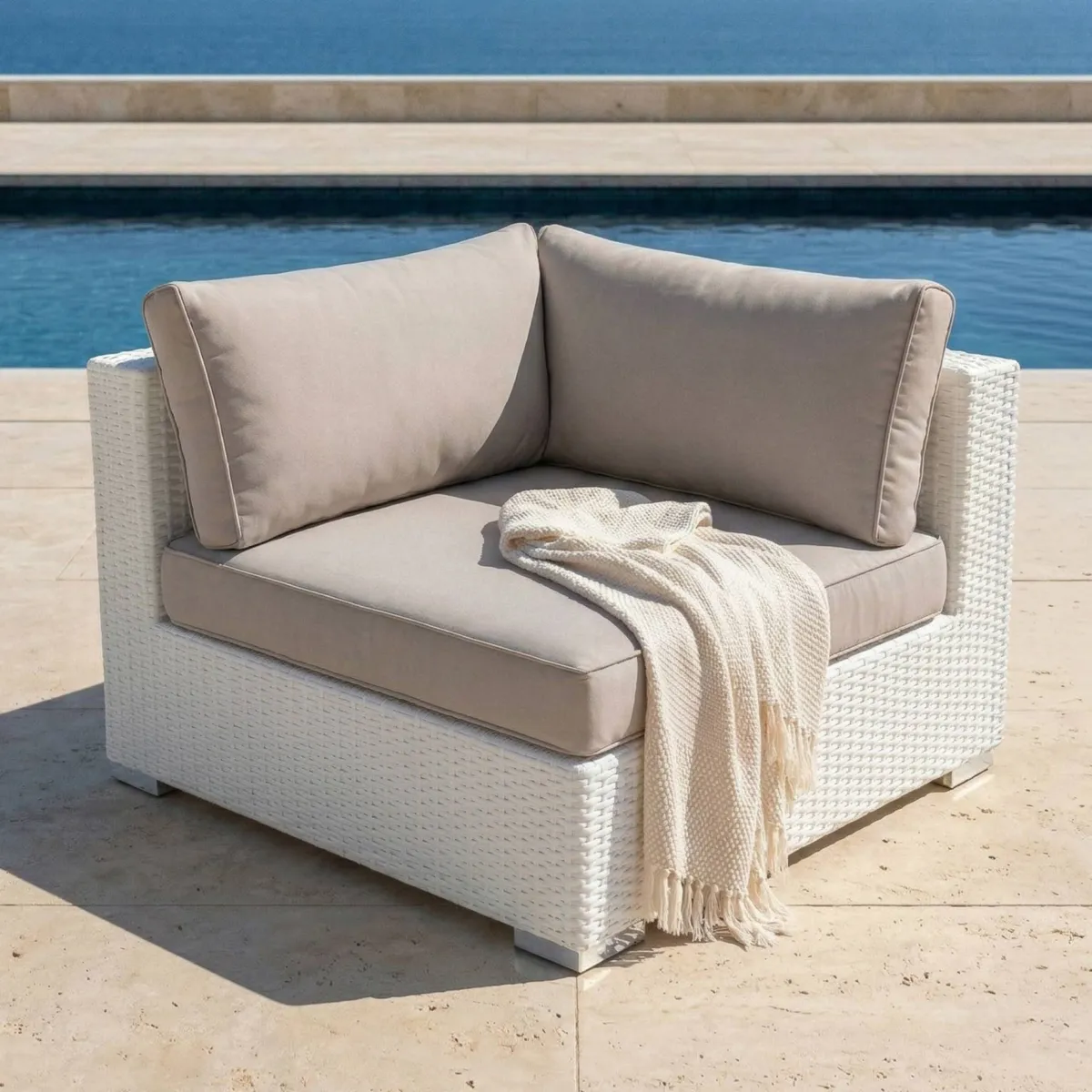 Salotto da giardino in resina intrecciata 9 posti 9 pezzi Palma Bianco e tortora