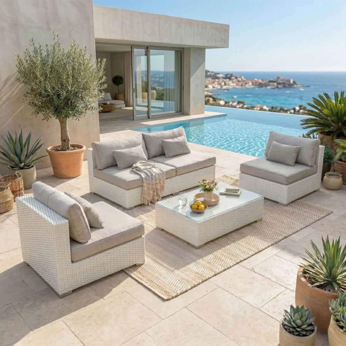 Salotto da giardino in resina intrecciata 4 posti 4 pezzi Palma Bianco e tortora