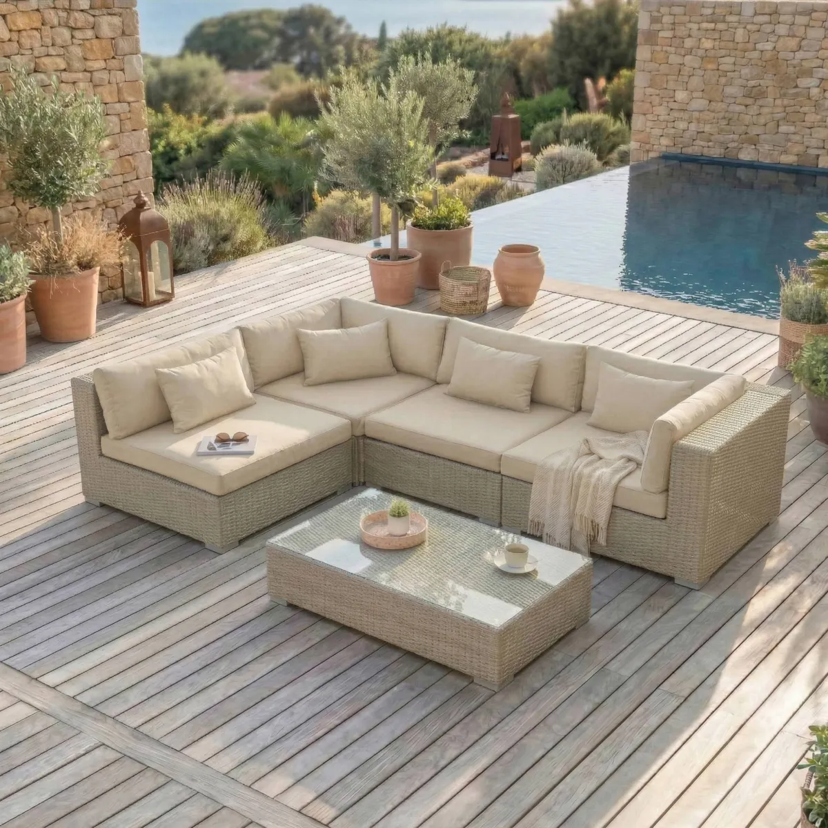 Salon de jardin en résine tressée 4 places 5 pcs Palma Gris et beige