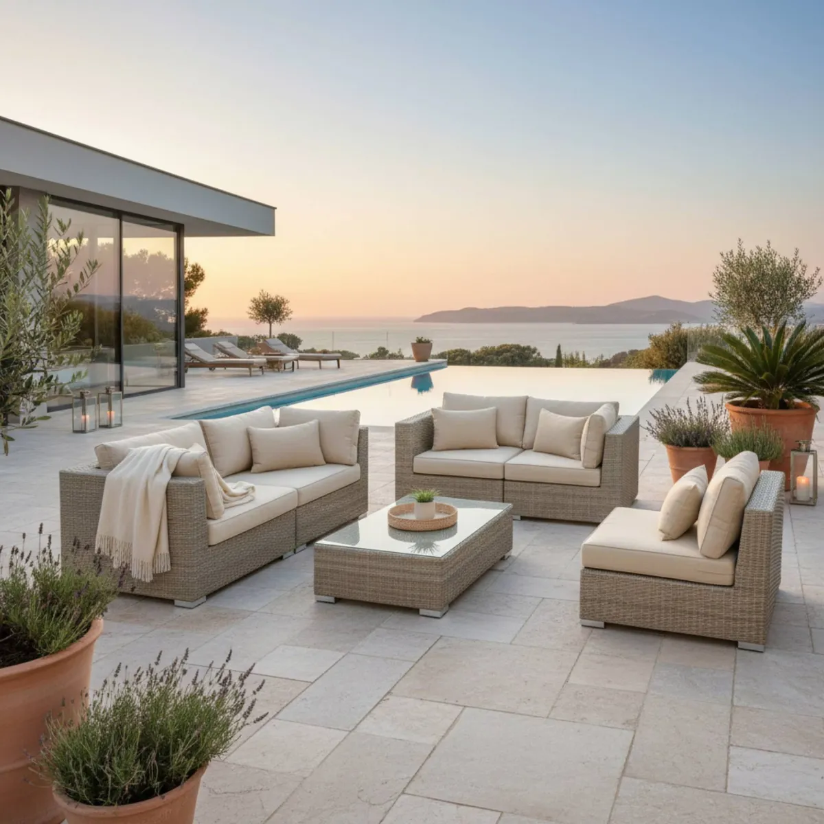 Salon de jardin en résine tressée 5 places 6 pcs Palma Gris et beige