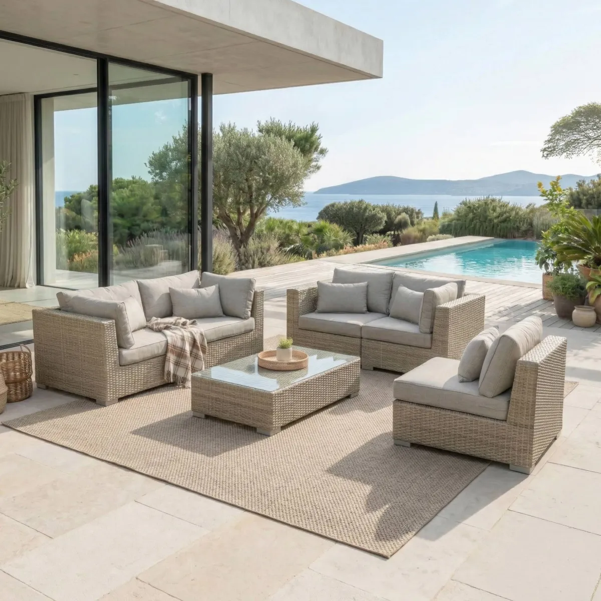 Salon de jardin en résine tressée 5 places 6 pcs Palma Gris et taupe