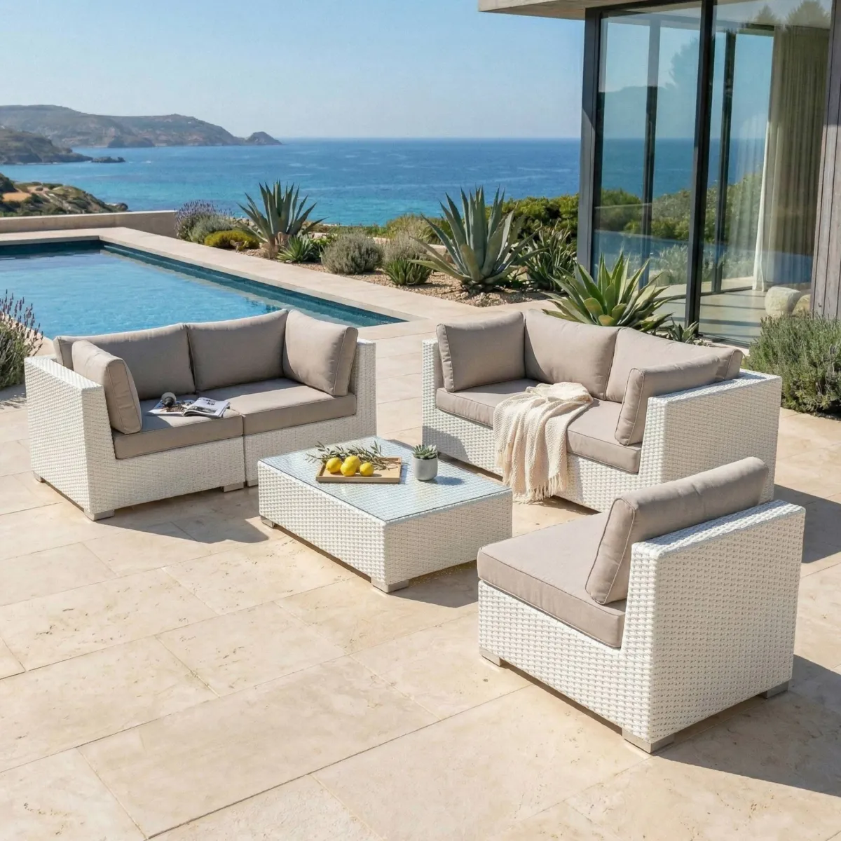 Salon de jardin en résine tressée 5 places 6 pcs Palma Blanc et taupe