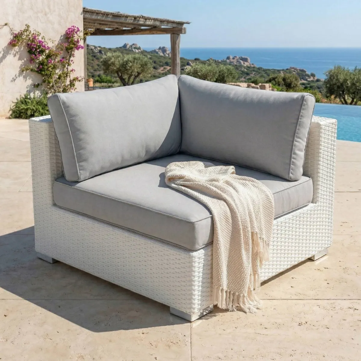 Fauteuil d'angle de jardin en résine tressée Palma Blanc et gris