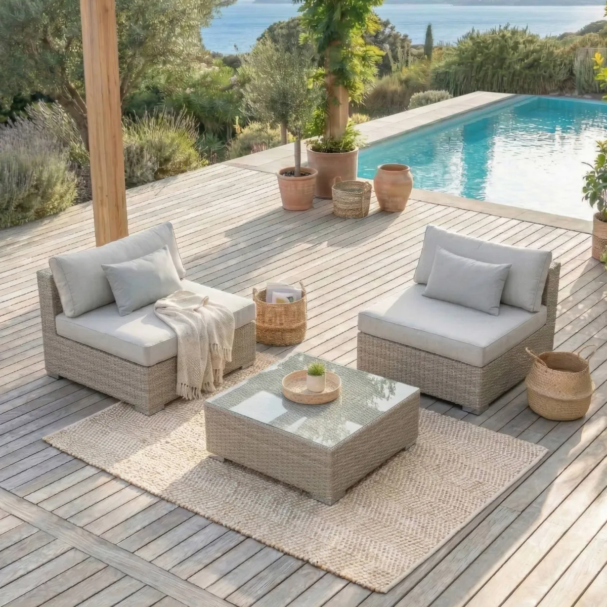 Salotto da giardino in resina intrecciata 2 posti 3 pezzi Palma Grigio