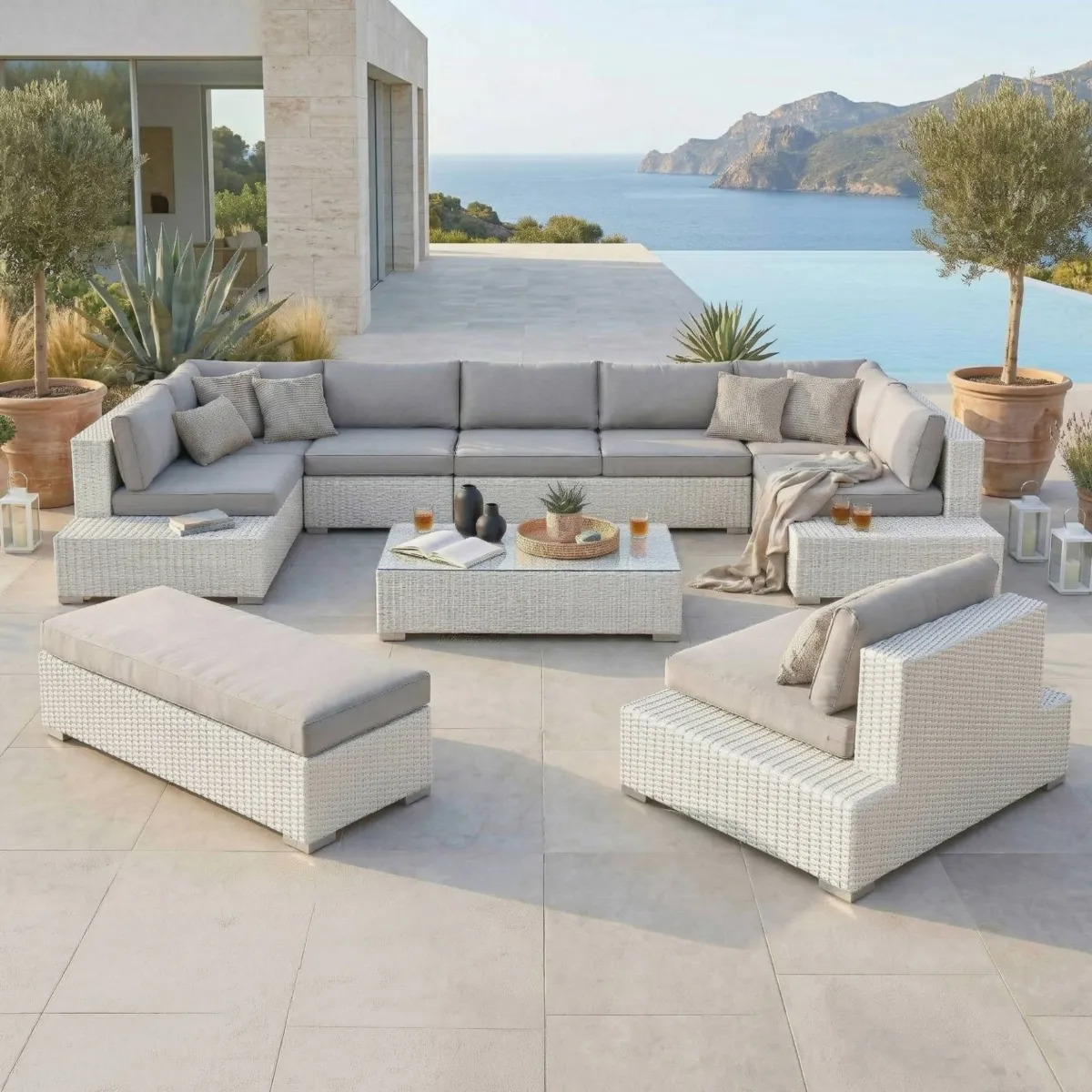 Salotto da giardino in resina intrecciata 9 posti 9 pezzi Palma Bianco e grigio