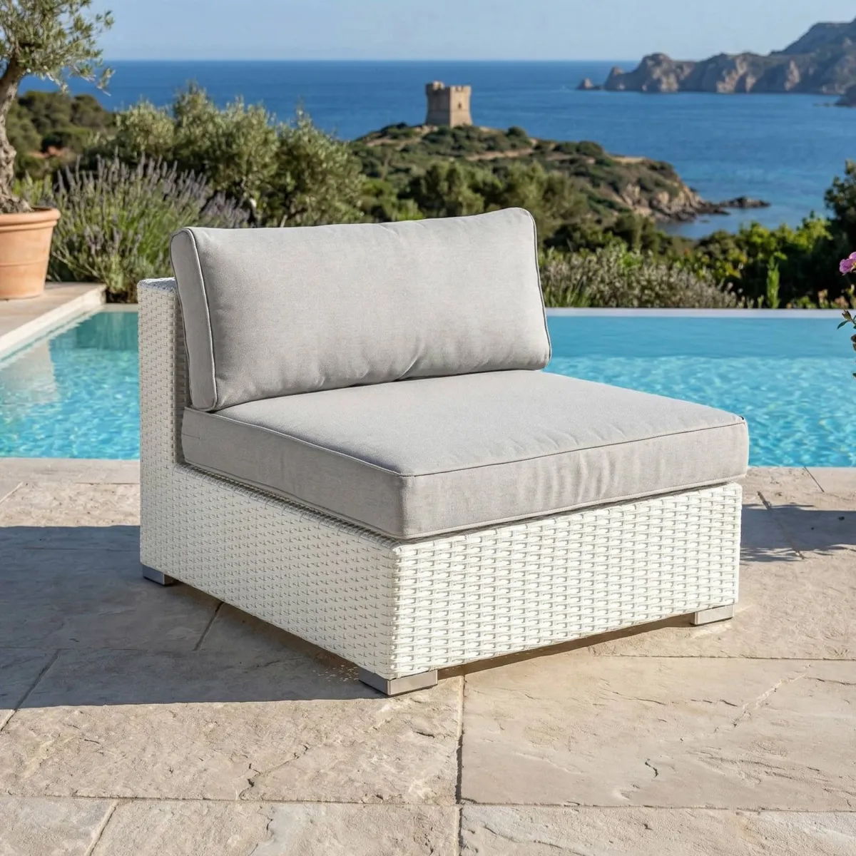 Salon de jardin en résine tressée 5 places 6 pcs Palma Blanc et gris