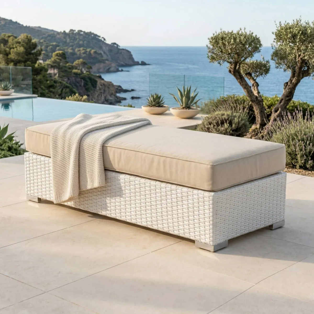Lounge-Set geflochtenes Polyrattan 9 Plätze 9tlg Palma Weiß und Beige