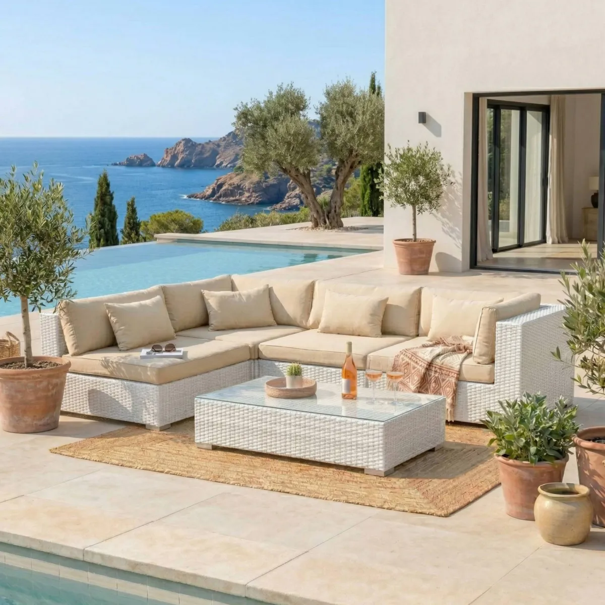 Salon de jardin en résine tressée 4 places 5 pcs Palma Blanc et beige
