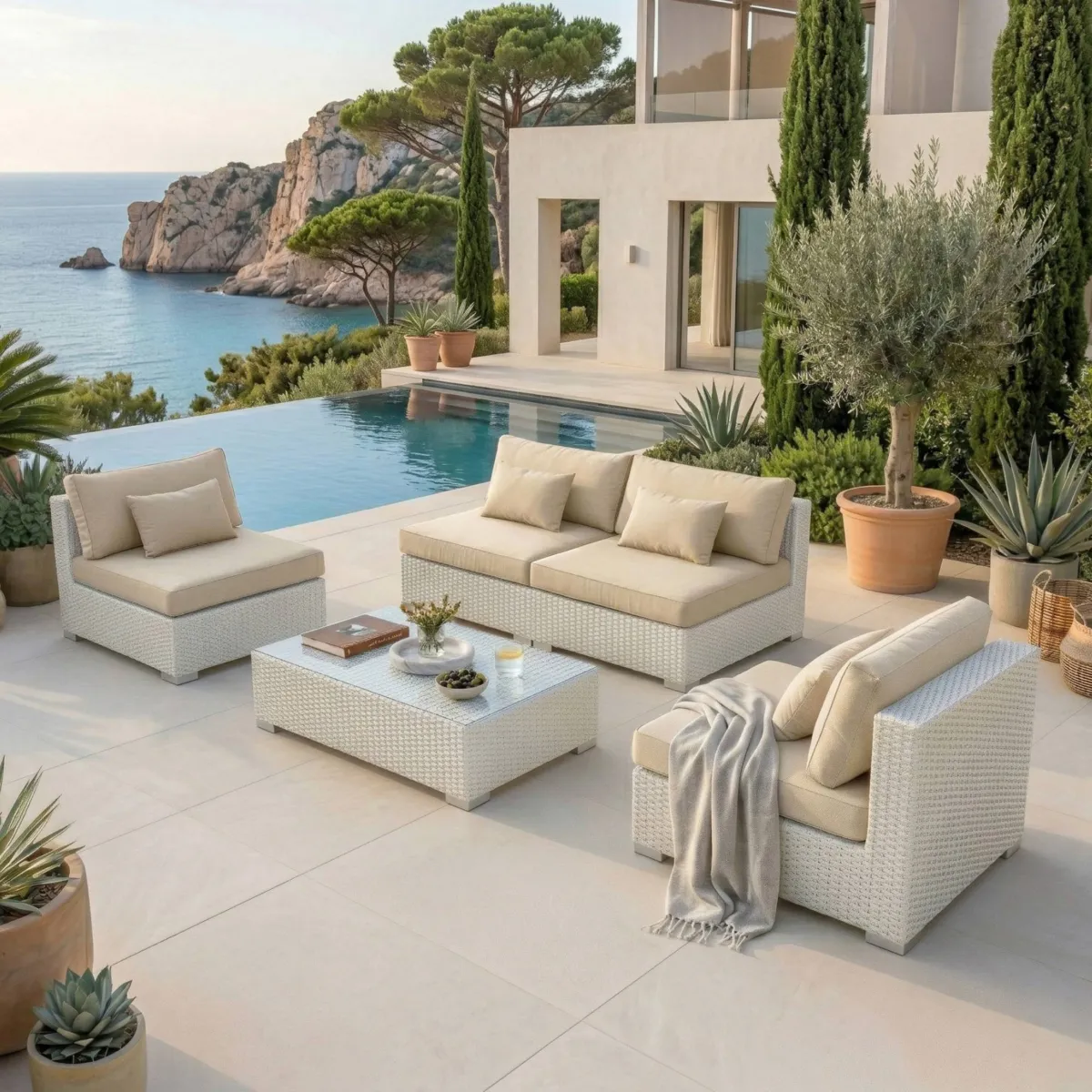 Salotto da giardino in resina intrecciata 4 posti 4 pezzi Palma Bianco e beige
