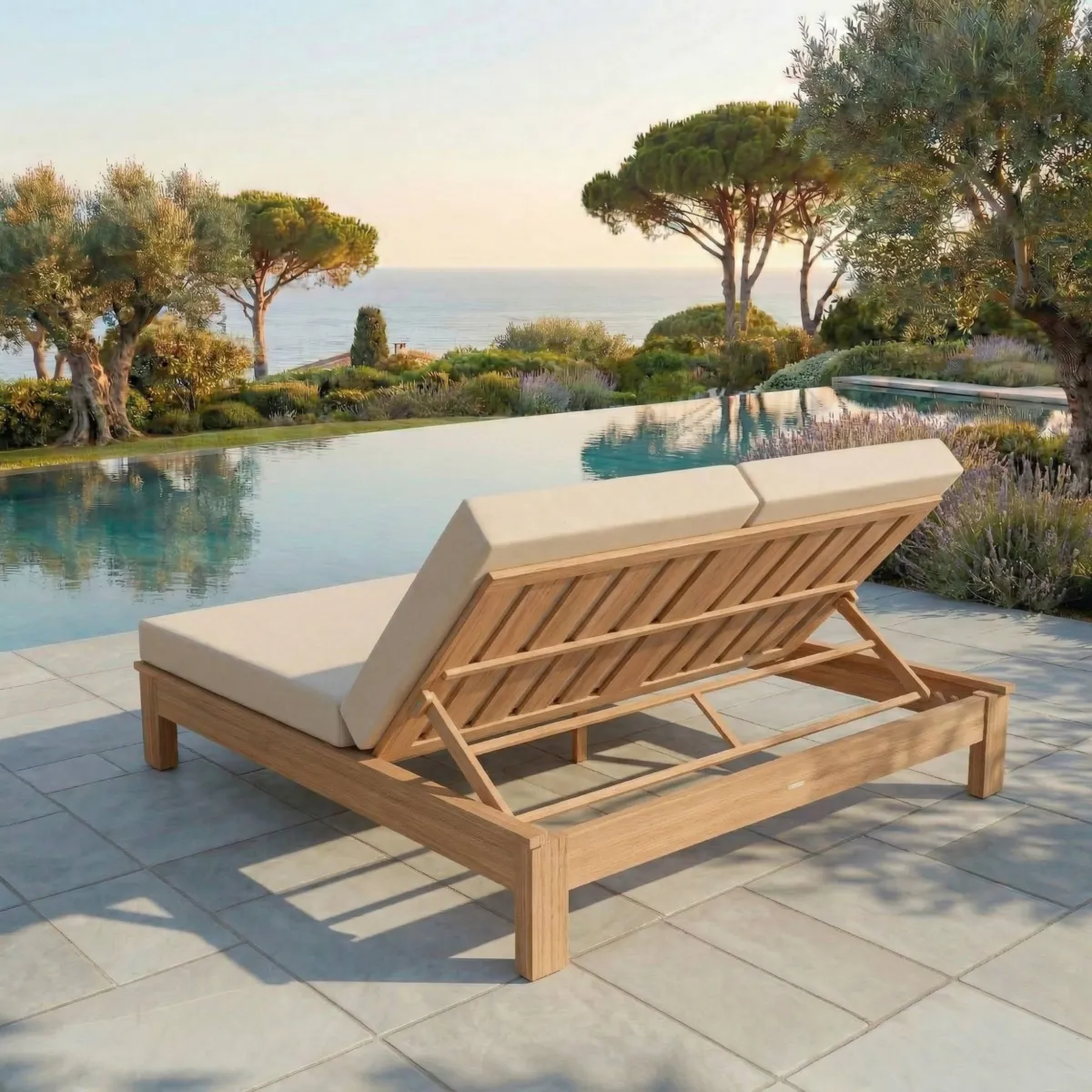 Lettino da spiaggia doppio legno d'acacia Bornéo - Naturale