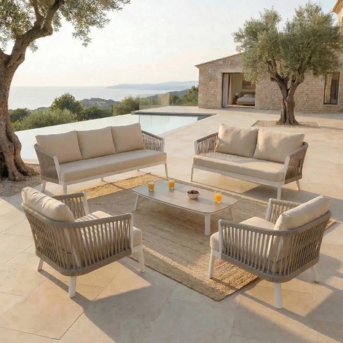 Canapé de jardin en aluminium 3 places Amalfi Blanc et beige