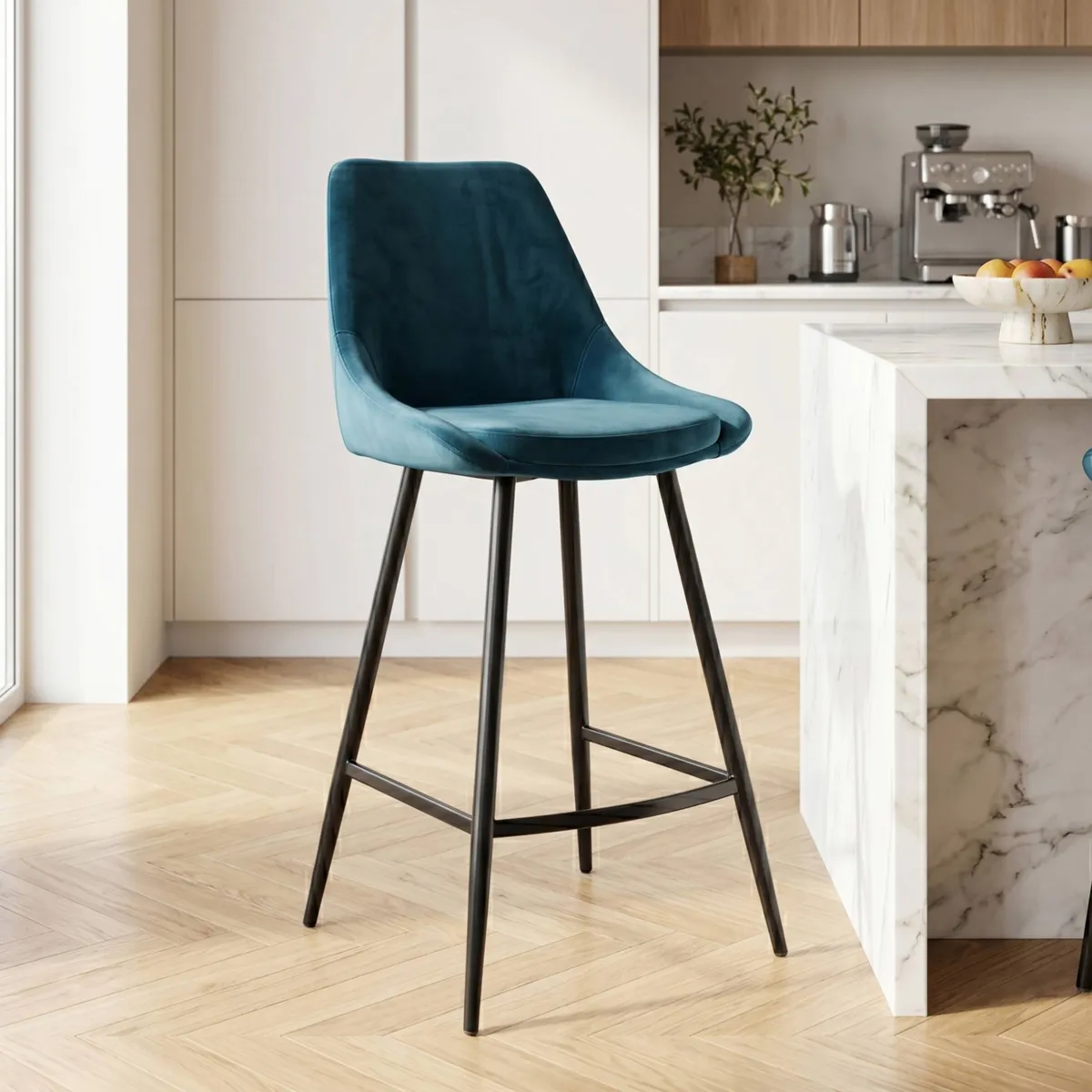 Lot de 2 chaises de bar avec dossier velours (Assise 75cm) Juno Bleu foncé
