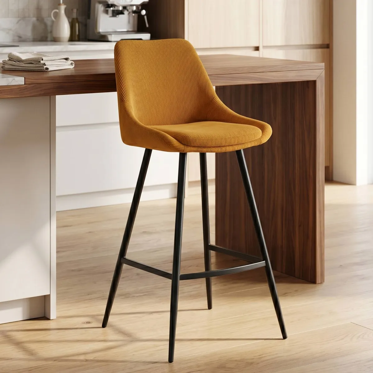 Lot de 2 chaises de bar avec dossier velours côtelé (Assise 75cm) Juno Jaune curry